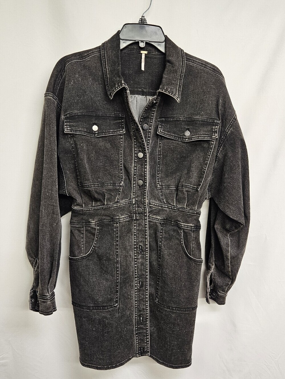 Free People Bo Midnight Black Gathered Waist Pleated Fashion Denim Jacket Small